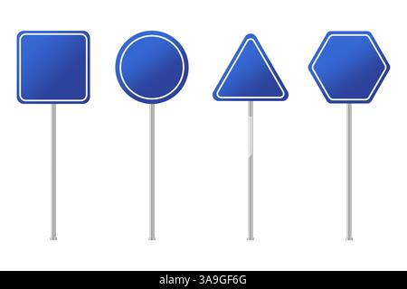 Segnali stradali blu. Forme di traffico minime. Schede vuote vettoriali. Set di aste metalliche. Illustrazione Vettoriale