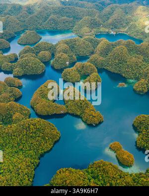 Vista aerea mozzafiato di Sohoton Cove, Un paradiso nascosto di rigogliose scogliere calcaree, lagune turchesi e grotte misteriose a Siargao, Filippine Foto Stock
