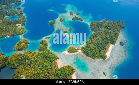 Vista aerea mozzafiato di Sohoton Cove, Un paradiso nascosto di rigogliose scogliere calcaree, lagune turchesi e grotte misteriose a Siargao, Filippine Foto Stock