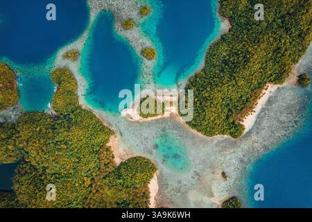 Vista aerea mozzafiato di Sohoton Cove, Un paradiso nascosto di rigogliose scogliere calcaree, lagune turchesi e grotte misteriose a Siargao, Filippine Foto Stock