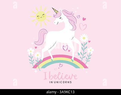 Illustrazione vettoriale, simpatico unicorno su un arcobaleno circondato da fiori Illustrazione Vettoriale