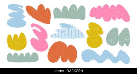 Colorate divertenti forme astratte Grunge con disegni geometrici a matita con texture disegnata a mano. Adesivi carini e divertenti Illustrazione Vettoriale