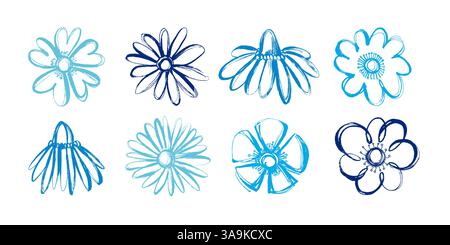 Teste di fiori blu disegnate a mano in stile Grunge. Silhouette grunge moderne ed erbe d'inchiostro voluminose. Piante dipinte a mano isolate su sfondo crema Illustrazione Vettoriale