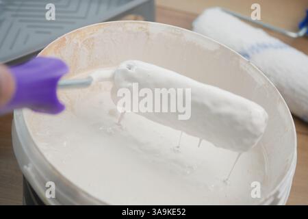 Verniciare con un rullo in un secchio di vernice bianca Foto Stock
