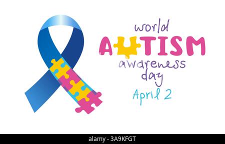 2 aprile invito all'evento, poster della rete per la giornata di sensibilizzazione sull'autismo. Simbolo creativo del nastro blu con puzzle colorati. Medico o educare Illustrazione Vettoriale