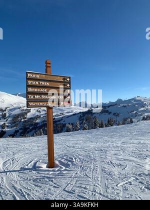 Segnavia da sci in un paesaggio montano innevato, che guida gli avventurieri sulle piste. Foto Stock
