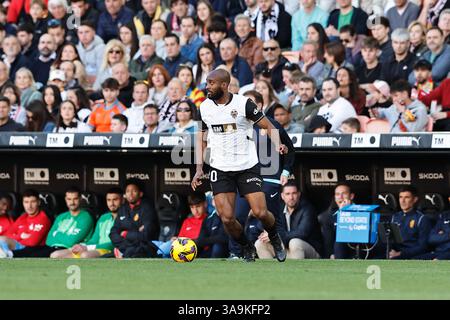 Valencia, Spagna. 30 marzo 2025. Dimitri Foulquier (Valencia) calcio: Partita spagnola "LaLiga EA Sports" tra Valencia CF 1-0 RCD Mallorca all'Estadio de Mestalla di Valencia, Spagna. Crediti: Mutsu Kawamori/AFLO/Alamy Live News Foto Stock