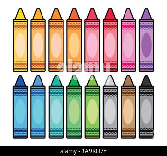 Pastelli a cera colorati set clipart. I pastelli di cera color arcobaleno della scuola ritraggono la collezione di clip art per studenti e alunni che disegnano strumenti educativi icona piatta Illustrazione Vettoriale