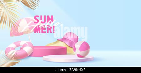 Buongiorno banner estivo con accessori da spiaggia su sfondo blu. Illustrazione vettoriale realistica di piattaforma rotonda, ombrello rosa, palla, anello in gomma, foglie di palmo, poster dei viaggi di vacanza, dei servizi di prenotazione Illustrazione Vettoriale