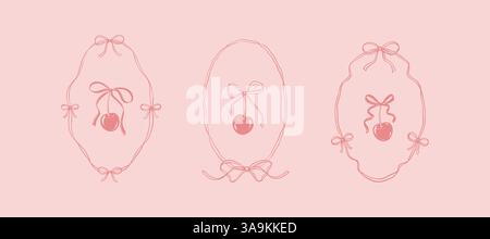 Set di stravaganti telai in pizzo in filigrana disegnati a mano con graziose ciliegie a fiocco. Stampa grafica per poster, matrimoni, san valentino, biglietti di compleanno Illustrazione Vettoriale