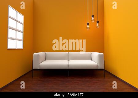 Divano bianco in un soggiorno moderno e minimalista con pareti gialle, pavimento in legno e lampade a sospensione. Rendering 3D. Foto Stock