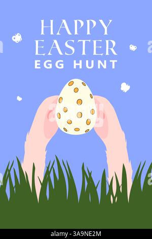 Buon poster di Pasqua. Coniglietto a caccia di uovo di Pasqua, prato primaverile Illustrazione Vettoriale