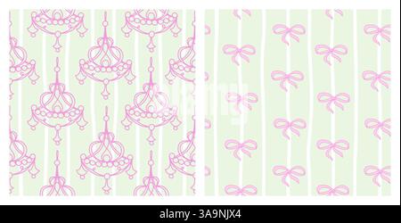 Set di fantasia di Coquette disegnata a mano. Candeliere rosa antico e bocce su sfondo verde pastello. Carta da parati vintage in coquette, stile line art, illustrazione vettoriale. Illustrazione Vettoriale