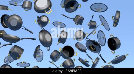 Molte padelle con coperchio in vetro su sfondo blu, antiaderente Foto Stock