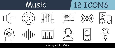 Icona Music set. Esclusione microfono, riproduzione, equalizzatore, forma d'onda, segnale, altoparlanti, cuffie, onde sonore, pianoforte, utente, attenzione, microfono Illustrazione Vettoriale