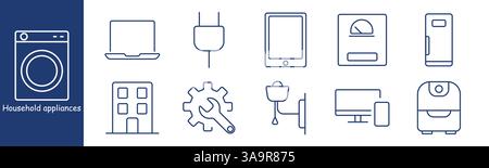 Icona Set elettrodomestici. Lavatrice, laptop, spina, tablet, bilancia, frigorifero, edilizia, attrezzatura, lavello, monitor, multicooker Illustrazione Vettoriale