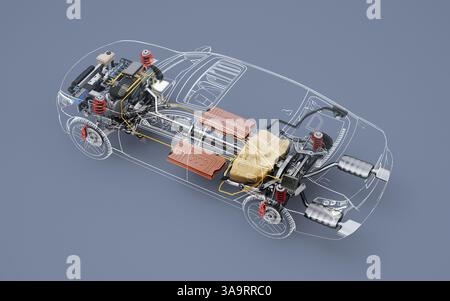 Rendering 3d in sezione tecnica per auto ibride generiche con tutti i dettagli principali del sistema del veicolo ibrido in effetto fantasma. Vista dall'alto in prospettiva su bianco Foto Stock
