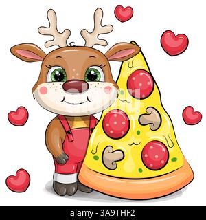 Carino cervo cartoni animati con un grosso pezzo di pizza. Illustrazione vettoriale di un animale su sfondo bianco con cuori rossi. Illustrazione Vettoriale