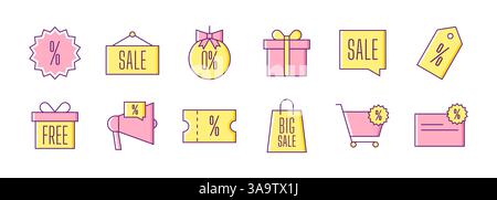 Serie di icone di sconto. Elementi di vendita, promozioni e offerte speciali con tratto modificabile. Illustrazione vettoriale Illustrazione Vettoriale
