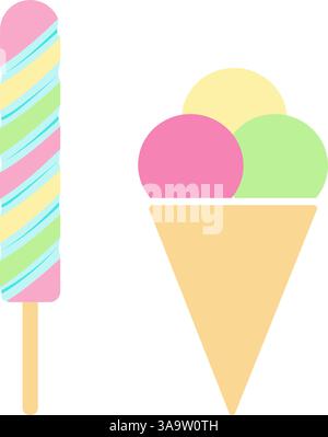 Concetto di elemento Rainbow Swirl Lollipop e waffle Triple Scoop Ice Cream Cone World Ice Cream Day. Inviti a feste per bambini con illustrazione Vector isolata, branding di negozi di caramelle, annunci estivi o opuscolo promozionale sul Web Illustrazione Vettoriale