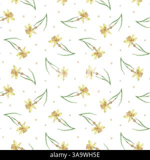 Motivo ad acquerello senza cuciture di narcisi gialli e foglie verdi, delicatamente disposto su sfondo bianco. Illustrazione floreale dipinta a mano, ideale per i disegni a molla. Foto Stock