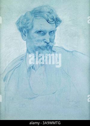 Alphonse Mucha. Autoritratto del pittore, illustratore e grafico ceco Alfons Maria Mucha (1860-1939) in pastello bianco e blu, 1907 Foto Stock