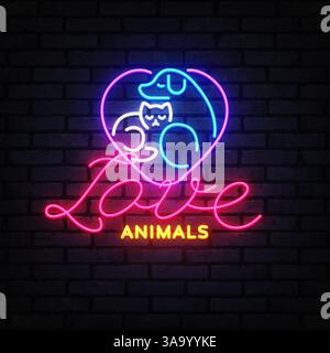 Logo per animali domestici con tema cane, gatto, neon, animale e negozio in colori brillanti. Sfondo da parete in mattoni con vivace forma a cuore e testo scritto a mano. Illustrazione Vettoriale