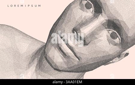 Testa uomo astratta fatta di puntini. Modello di design della copertina. Riconoscimento facciale. Concetto di tecnologia. Illustrazione del vettore di sicurezza informatica. 3D, illustrante il vettore Illustrazione Vettoriale