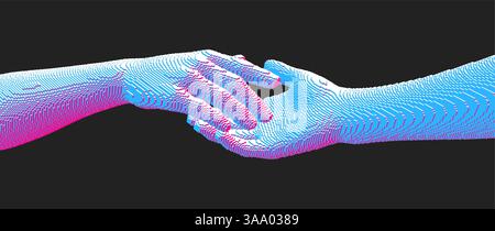 Mani che si avvicinano l'una all'altra. Concetto di relazione umana, di comunione o di partenariato. Pixel cube art. Illustrazione vettoriale 3D. Può essere utilizzato per l'annuncio Illustrazione Vettoriale