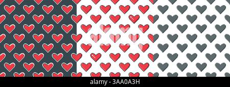 Set di cuori pixel art con pattern senza cuciture. Icona a forma di cuore rossa e nera, sfondo ripetuto. Stampa retro mosaico, grafica vettoriale Illustrazione Vettoriale