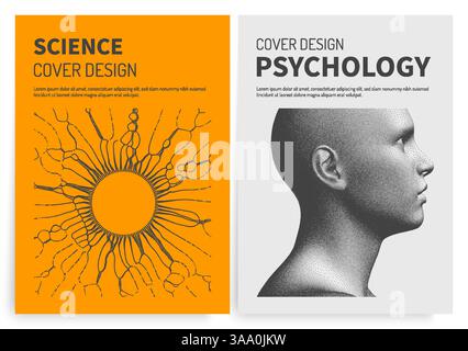 Vista laterale di una testa umana formata da punti. Faccia digitale. Background scientifico. Un foro fatto di particelle volanti. Modello di design della copertina. Psicologia. 3 Illustrazione Vettoriale