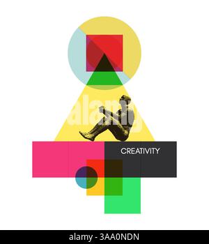 L'uomo si siede e guarda in alto. Un momento per il pensiero creativo. Posizione dell'uomo nello spazio geometrico di figure traslucide sovrapposte (cerchio, triangolo, squar Illustrazione Vettoriale