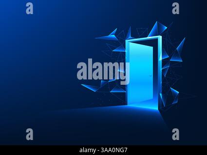 Porta al mondo della tecnologia. Lo sportello si apre in avanti ed è circondato da linee che collegano i dati. Innovazione ai, blockchain, computing quantistico. Doina Illustrazione Vettoriale