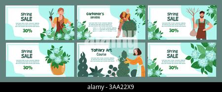 Collezione di illustrazioni vettoriali con temi per il giardinaggio e promozioni di primavera. Include diversi personaggi impegnati in attività di giardinaggio, show Illustrazione Vettoriale