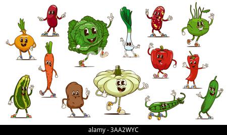 Personaggi di cibo vegetale che sventolano le mani. Cipolla hippie retro cartoni animati, pepe, carote e fagioli. Le verdure contente sono vettoriali di cavolo, zucchine, patate, cetrioli e verdure al peperoncino Illustrazione Vettoriale