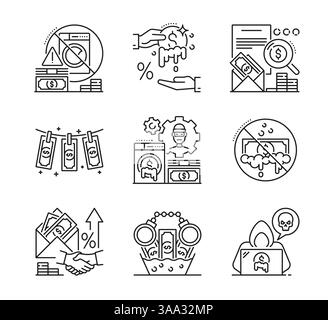 Antiriciclaggio: Icone della criminalità economica e delle frodi finanziarie, segni di linee vettoriali. Icone AML di corruzione, truffa informatica o pagamenti bancari e finanziari illegali per la lotta al riciclaggio di denaro Illustrazione Vettoriale