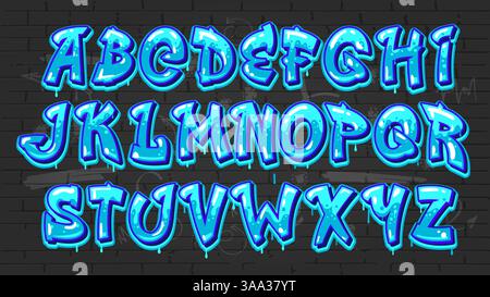 Font graffiti con inchiostro blu, tipo hip hop grunge, carattere Street art, alfabeto inglese tipografia vettoriale su sfondo murario. Spruzzare le lettere maiuscole dei caratteri graffiti della vernice con gocce e schizzi Illustrazione Vettoriale
