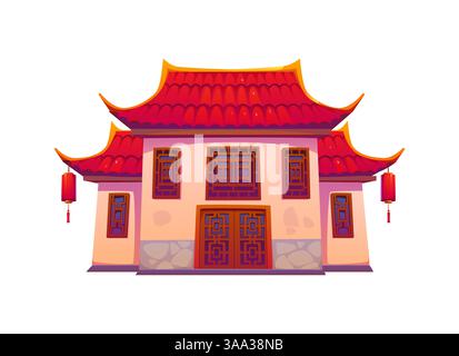 Edificio cinese e casa di architettura cinese, antico tempio o pagoda, vettore di cartoni animati. Edificio cinese o tradizionale casa orientale e santuario pagoda o porta della città in stile asiatico o palazzo di Pechino Illustrazione Vettoriale