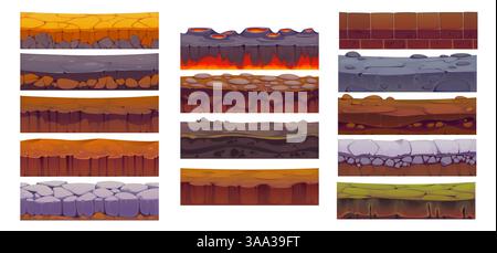Terreno terreno terreno terreno terreno terreno senza giunture superficie di gioco piana. Set vettoriale di strati di paesaggi cartoni animati, texture di lava, strada asfaltata, campo verde e vista in sezione del deserto. Modelli di sfondo della gui testurizzata Illustrazione Vettoriale