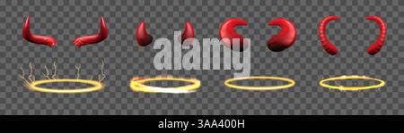 Corno malvagio. Alone di angelo. Anello dorato 3D. Costume da carnevale di Halloween. Diavolo dell'inferno rosso o demone nero attributi. Cerchio del santo cielo d'oro. bac trasparente Illustrazione Vettoriale