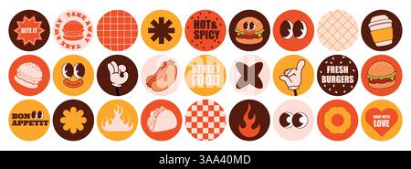 Adesivi alimentari. Hamburger retrò, hamburger veloce e piatti del ristorante con caffè. Drink gustosi. Emblemi ed etichette del menu fast food per i pacchetti di cibo Illustrazione Vettoriale