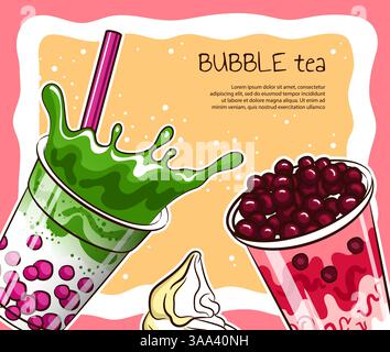 Striscione di latte con bolle di tè. Cocktail freddo o frullato con frutta e polpette di tapioca, dessert con frullato in tazza da asporto. Drink estivo. Pubblicità promozionale Illustrazione Vettoriale