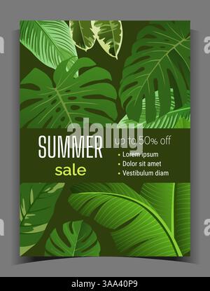 Striscione di foglie tropicali. Offerta estiva o sconto con piante esotiche, volantini, poster con spazio per copie. Monstera e foglia di banana. Giungla botanica natu Illustrazione Vettoriale
