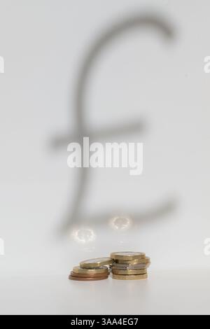 Pile di monete britanniche con sullo sfondo il simbolo della sterlina sfocata, che simboleggia i risparmi del Regno Unito, l'attenzione economica e la natura astratta della valuta Foto Stock