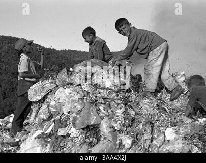 30 gennaio 2007; Ohrid-Resen, MACEDONIA; sciame di mosche intorno ai bambini dei collezionisti di rottami mentre giocano sulla discarica di Bukovo, alla ricerca di cibo e giocattoli con cui giocare. Non vanno a scuola perché è troppo lontana e i loro genitori non possono permettersi i libri o il trasporto. Solo circa il 7% dei bambini rom completa la loro istruzione primaria. I rom della classe media più redditizia dal punto di vista economico si sono ben integrati con la più ampia comunità macedone, vivono negli stessi quartieri, mandano i loro figli nelle stesse scuole e gestiscono le loro attività. La maggior parte dei rom, però, vive in uno neig distinto Foto Stock