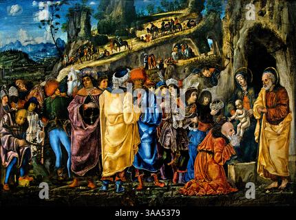 Adorazione dei Magi - l'Adoration des Mages, 1475, Bernardino da Parenzo, Italia, Louvre italiano Francia Museo di Belle Arti Parigi ( Adorazione, Magi, Adorazione dei Re, Natività di Gesù, tre Magi, rappresentati come re, trovarono Gesù seguendo una stella, posero davanti a lui doni d'oro, incenso, mirra e adorarlo, ) Foto Stock