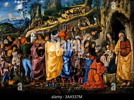 Adorazione dei Magi - l'Adoration des Mages, 1475, Bernardino da Parenzo, Italia, Louvre italiano Francia Museo di Belle Arti Parigi ( Adorazione, Magi, Adorazione dei Re, Natività di Gesù, tre Magi, rappresentati come re, trovarono Gesù seguendo una stella, posero davanti a lui doni d'oro, incenso, mirra e adorarlo, ) Foto Stock