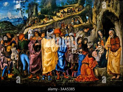 Adorazione dei Magi - l'Adoration des Mages, 1475, Bernardino da Parenzo, Italia, Louvre italiano Francia Museo di Belle Arti Parigi ( Adorazione, Magi, Adorazione dei Re, Natività di Gesù, tre Magi, rappresentati come re, trovarono Gesù seguendo una stella, posero davanti a lui doni d'oro, incenso, mirra e adorarlo, ) Foto Stock