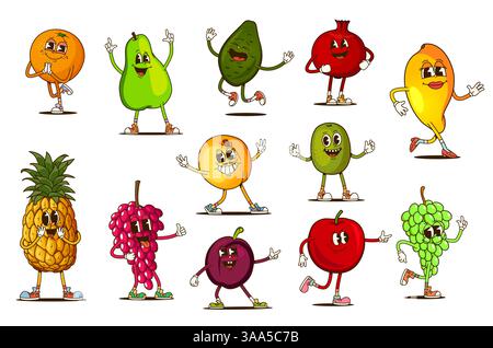 Cartoni animati personaggi fruttati retrò con volti divertenti e personaggi emoji vettoriali. Arancia vivace con ananas e mango tropicale o avocado e mela con sorriso sciocco per i personaggi della frutta Illustrazione Vettoriale