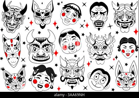 Set maschere giapponesi Oni, Kitsune, Hannya, Daruma, Usagi. Volti tradizionali folkloristici in stile tatuaggio, illustrazione vettoriale in bianco e nero Illustrazione Vettoriale